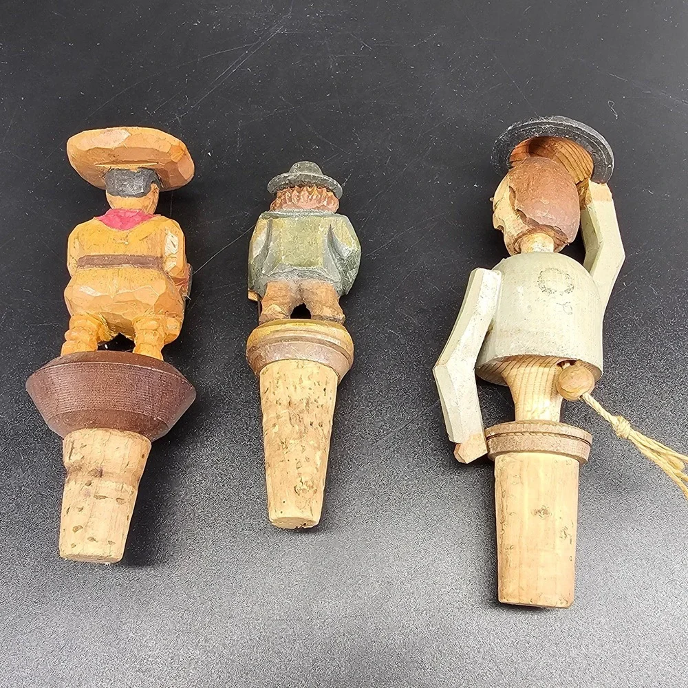 Bottle Stoppers Set of 3 Vintage Black Forest Hand Carved Wood Folk Art